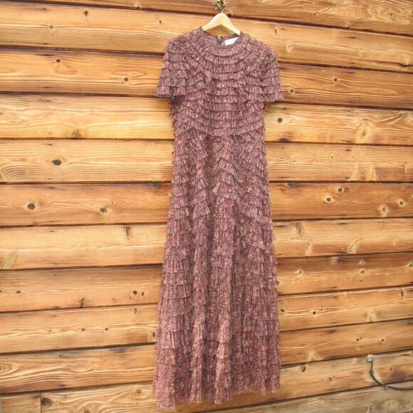 Mac Duggal 8042 Brown Ruffle Floral Maxi Dress Gown - Picture 6 of 15